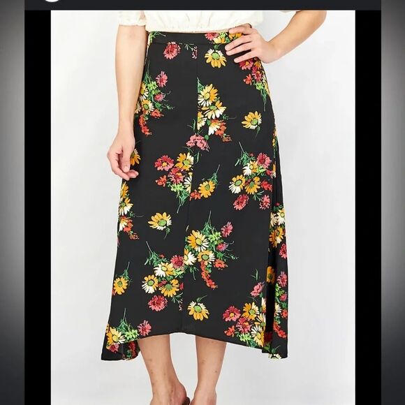 MANGO MNG Floral Print Black Yellow Midi skirt with Belt size 2 NWT New - Picture 8 of 9